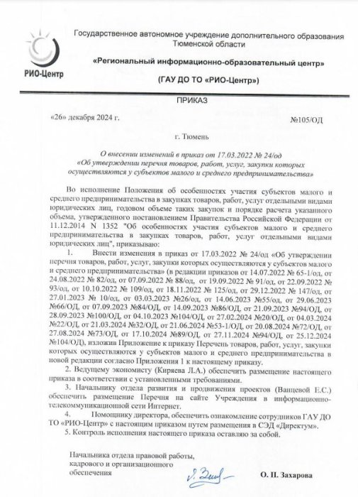 О внесении изменений в приказ от 17.03.2022 №24 (Об утверждении перечня товаров, работ услуг, закупки которых осуществляются у субъектов МСП (26 декабря 2024)