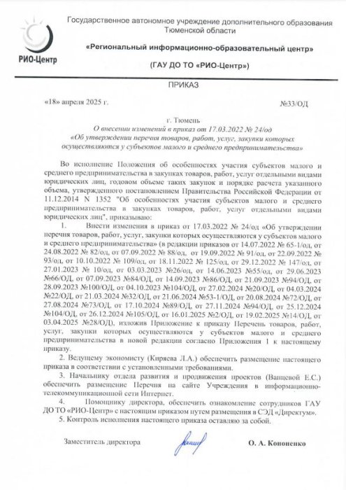 Приказ № 33 от 18 апреля 2025 года о внесении изменений в приказ от 17.03.2022 №24/од